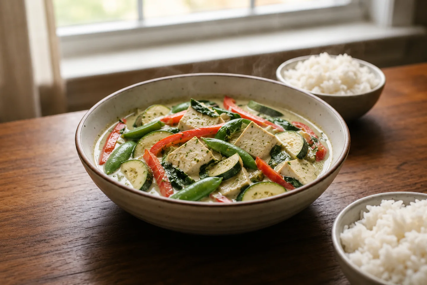 Bowl of Thai green curry with tofu and vegetables