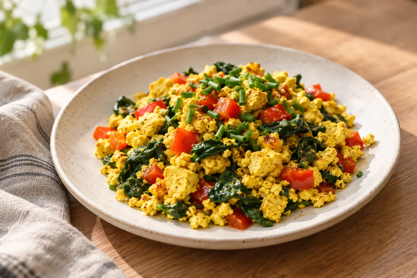 Golden tofu scramble with red peppers, spinach and chives on a ceramic plate