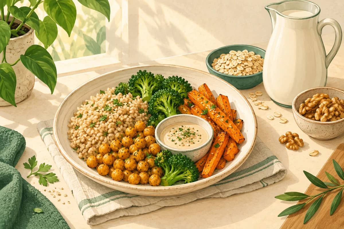 Illustrated vegetarian plate with rice, chickpeas, colourful vegetables and tahini.