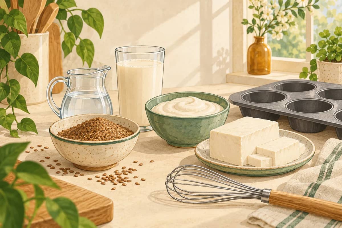 Illustrated plant milk, soy yogurt, flaxseed and silken tofu beside baking tools.