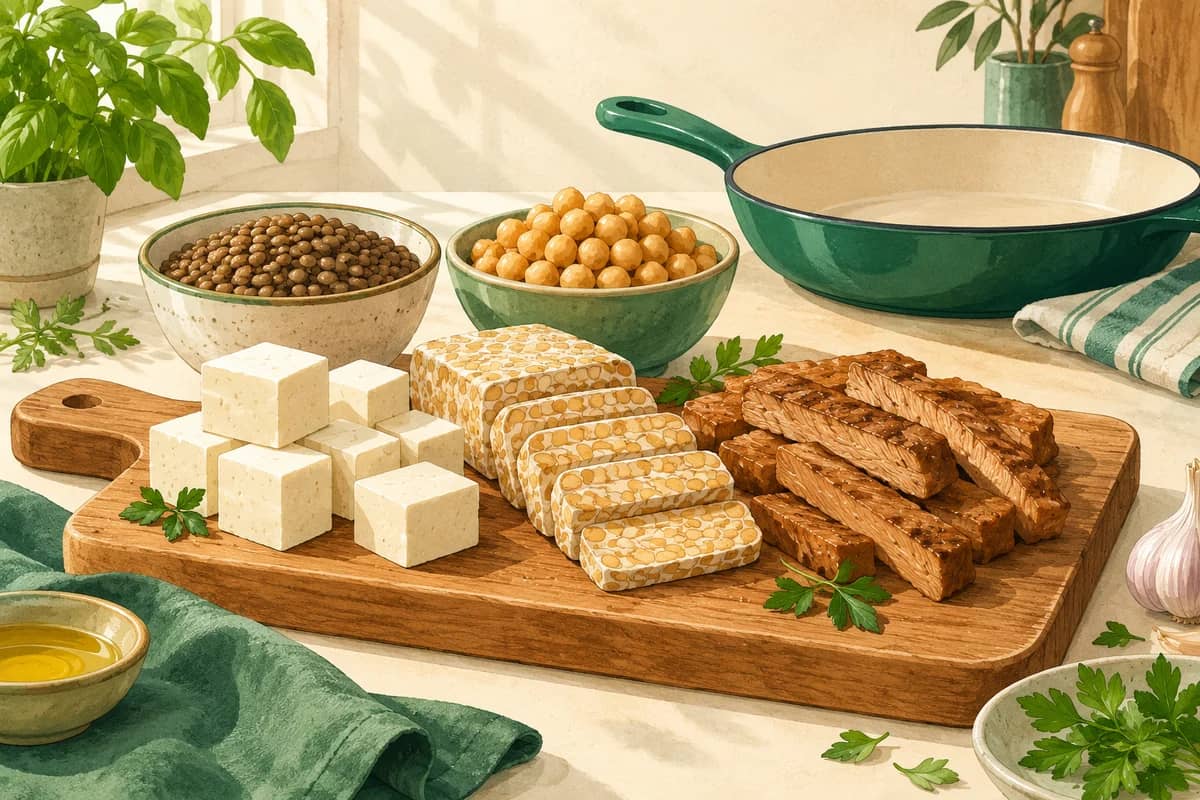 Illustrated tofu, tempeh, lentils, chickpeas and seitan on a kitchen counter.