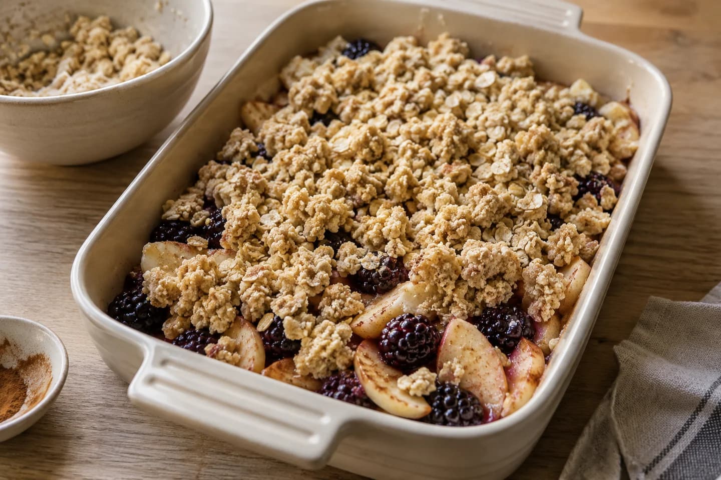 Apple Blackberry Crumble: Scatter crumble loosely over the fruit without packing it down