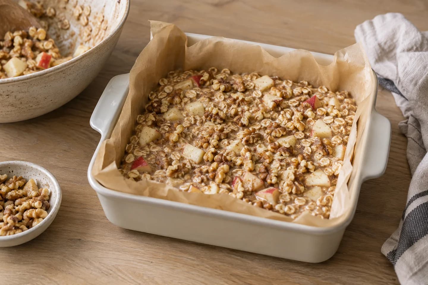 Apple Cinnamon Baked Oatmeal: Fold in apples and half the walnuts; transfer to the dish and scatter over remaining walnuts