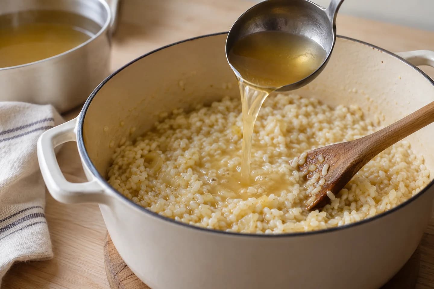 Asparagus Pea Risotto: Add stock one ladle at a time, stirring often and adding the next when the previous is absorbed