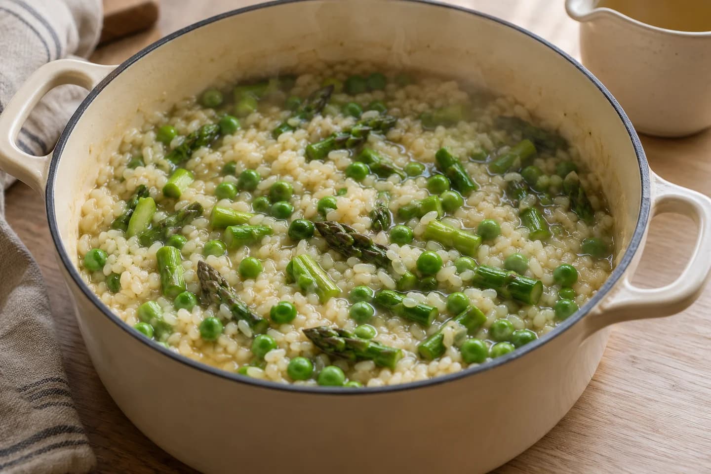 Asparagus Pea Risotto: After 15 minutes, add asparagus and peas