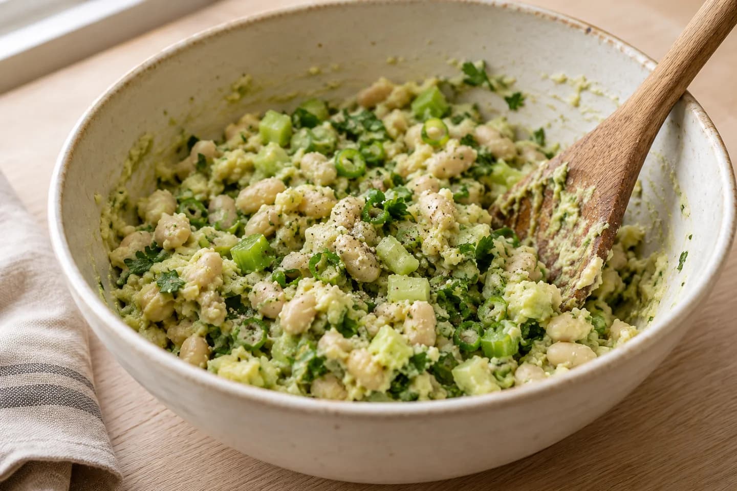 Avocado White Bean Sandwiches: Stir in lemon juice, celery, scallions, parsley, salt and pepper