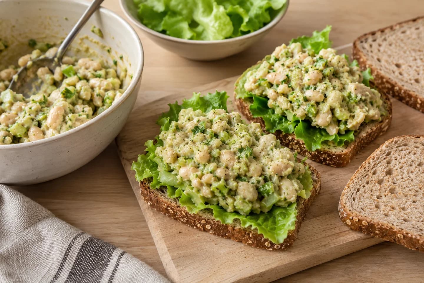 Avocado White Bean Sandwiches: Lay lettuce on half the bread slices and divide the bean filling over them
