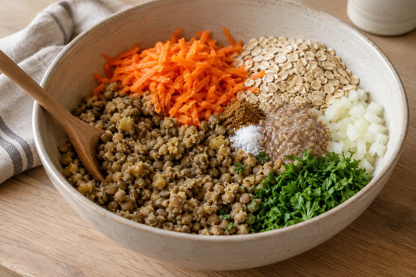 Baked Carrot Lentil Patties: Mash lentils roughly and mix with carrots, oats, onion, flax mixture, cumin, salt and parsley