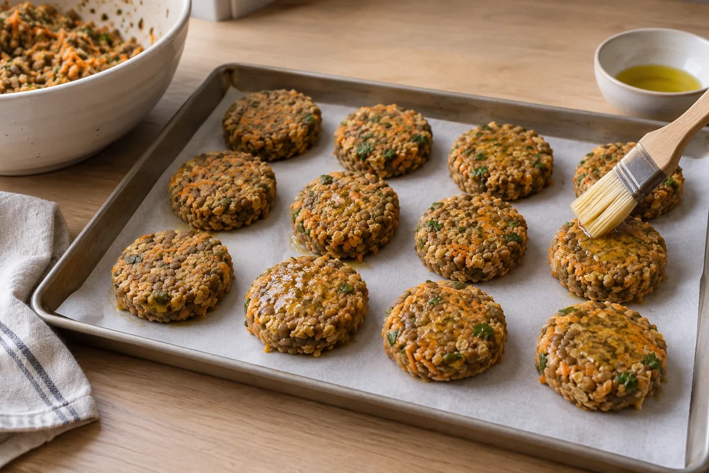Baked Carrot Lentil Patties: Form 12 compact patties on a lined tray and brush with oil