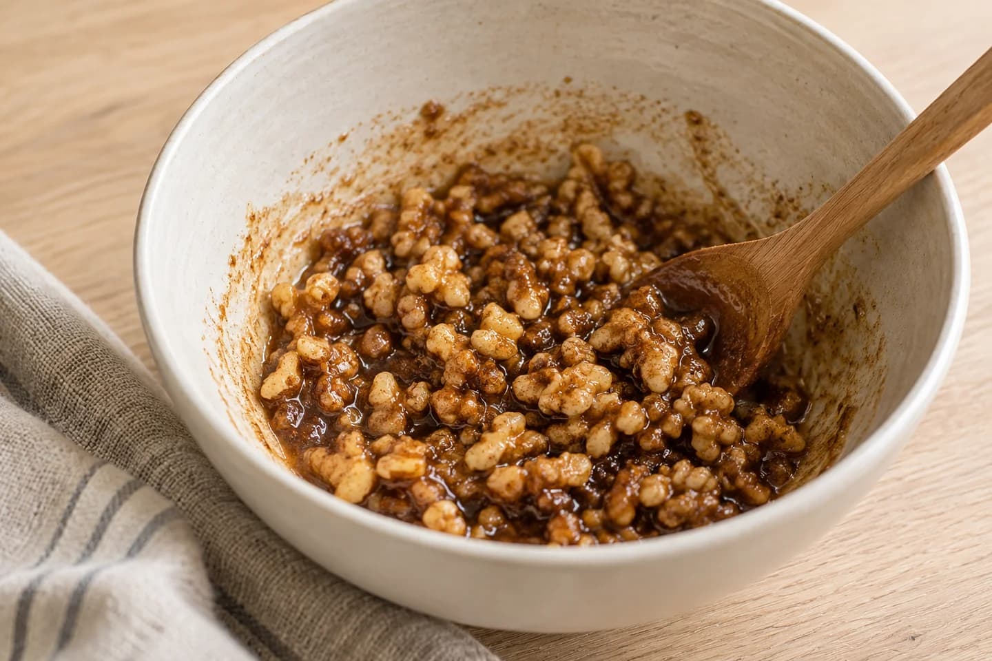 Baked Cinnamon Pears: Mix walnuts, maple syrup, coconut oil, cinnamon and lemon juice