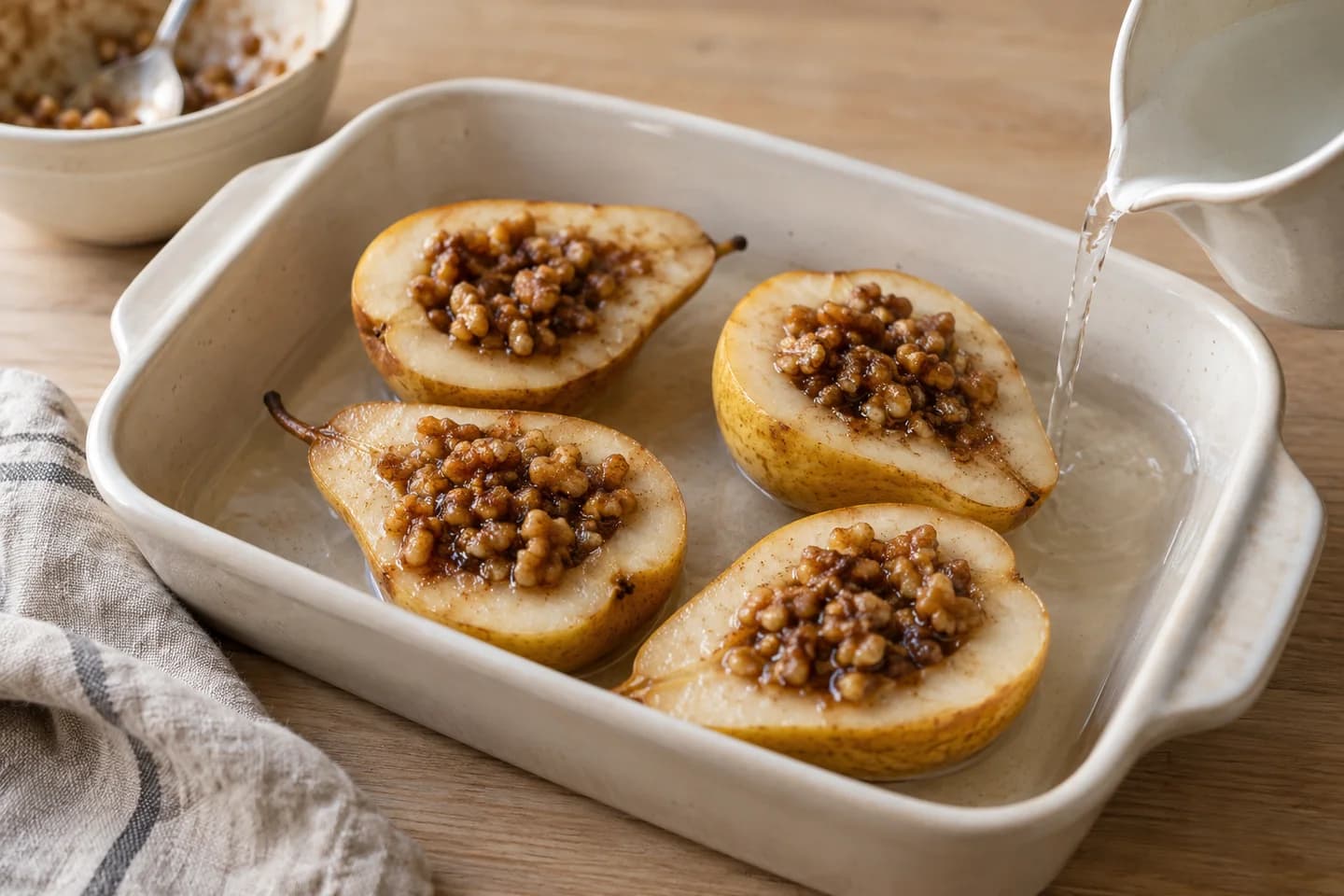 Baked Cinnamon Pears: Spoon into pear hollows and pour water around the pears