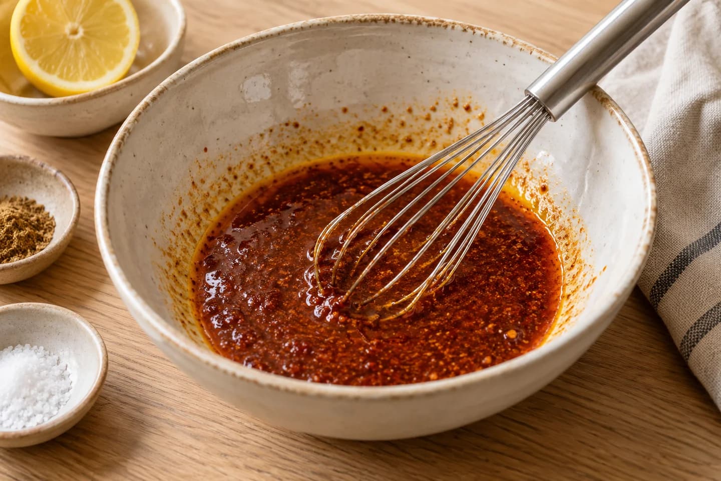 Baked Harissa Tofu: Whisk harissa, oil, lemon juice, maple syrup, cumin and salt