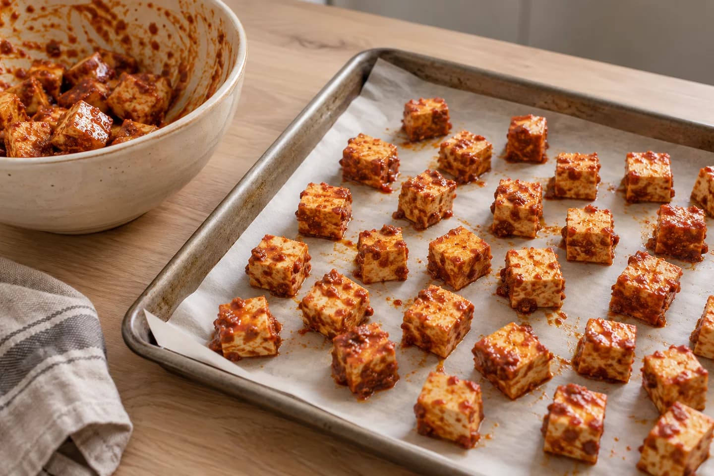 Baked Harissa Tofu: Toss tofu with the marinade and spread on a lined baking tray with space between pieces