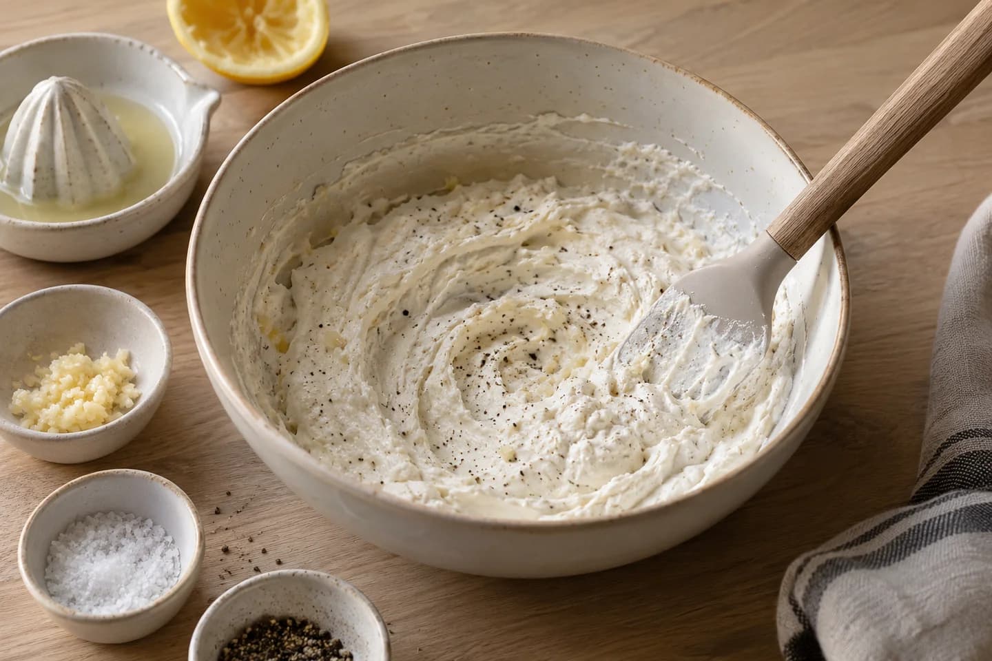 Baked Spinach Artichoke Dip: Mix cream cheese, yogurt, garlic, lemon juice, salt and pepper until smooth