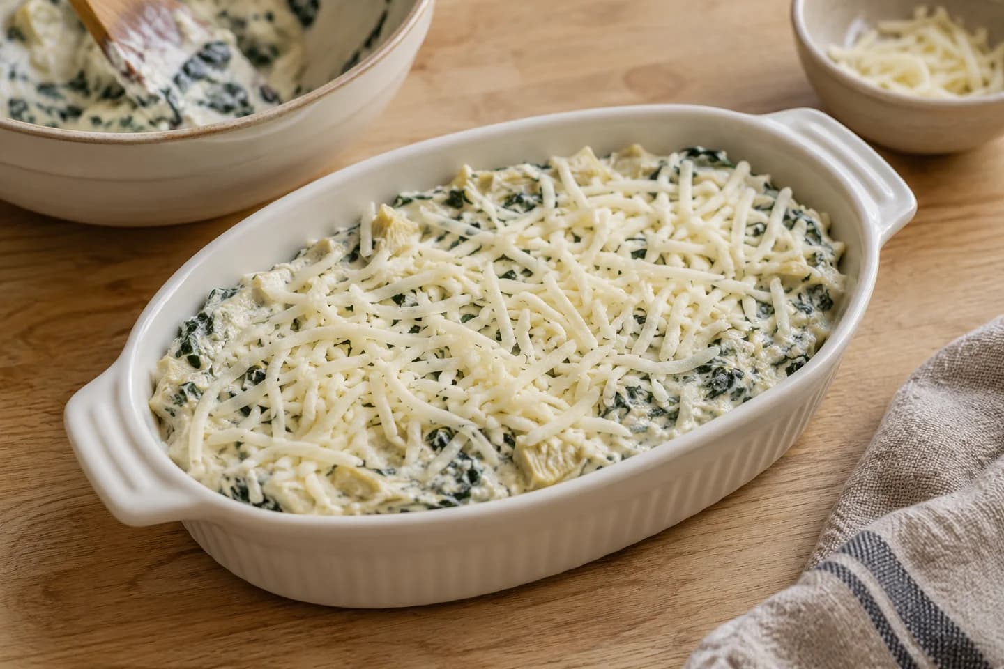Baked Spinach Artichoke Dip: Fold in spinach, artichokes and half the mozzarella