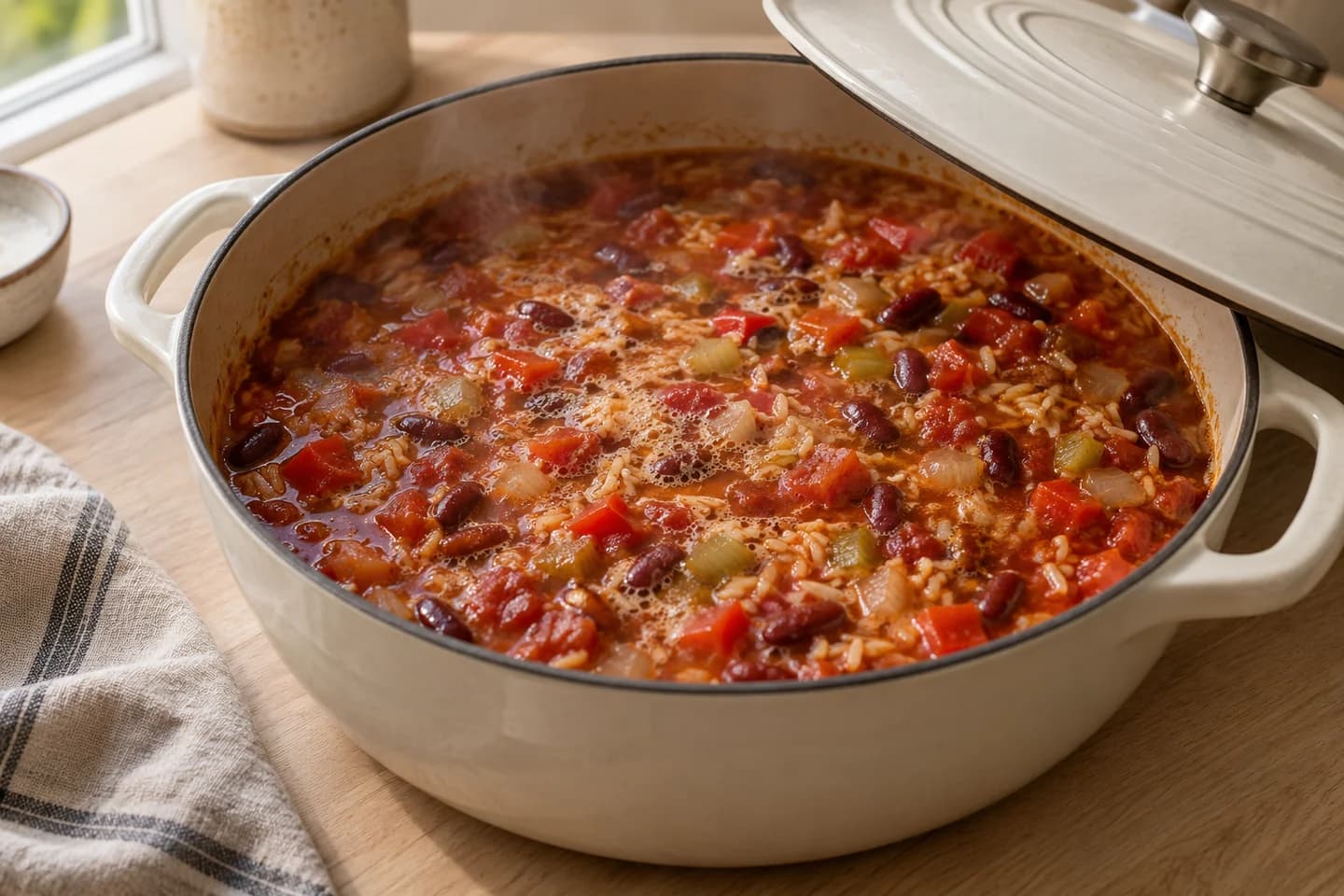 Baked Vegetable Jambalaya: Bring to a simmer, cover tightly and bake for 30–35 minutes until rice is tender and liquid absorbed