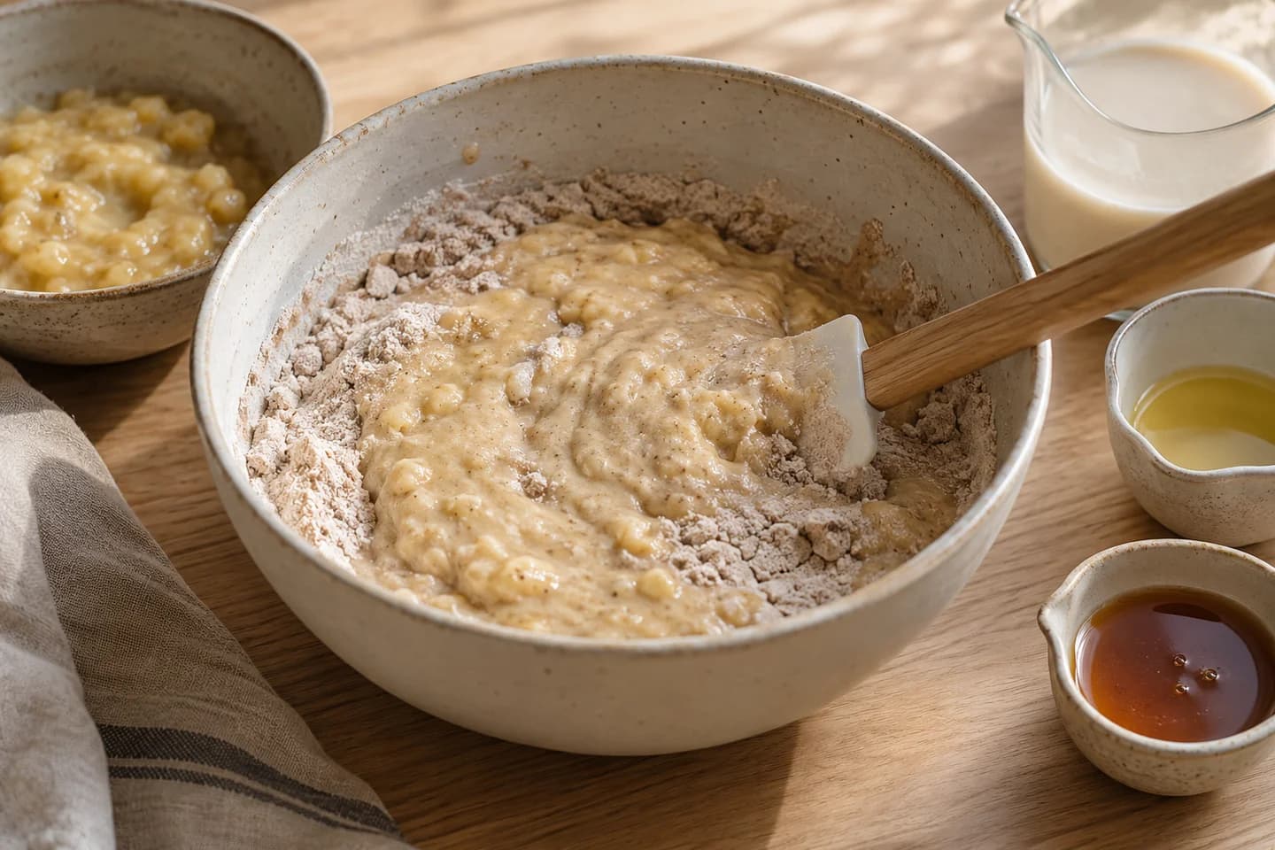 Banana Buckwheat Waffles: Mix mashed banana with oat milk, oil and maple syrup