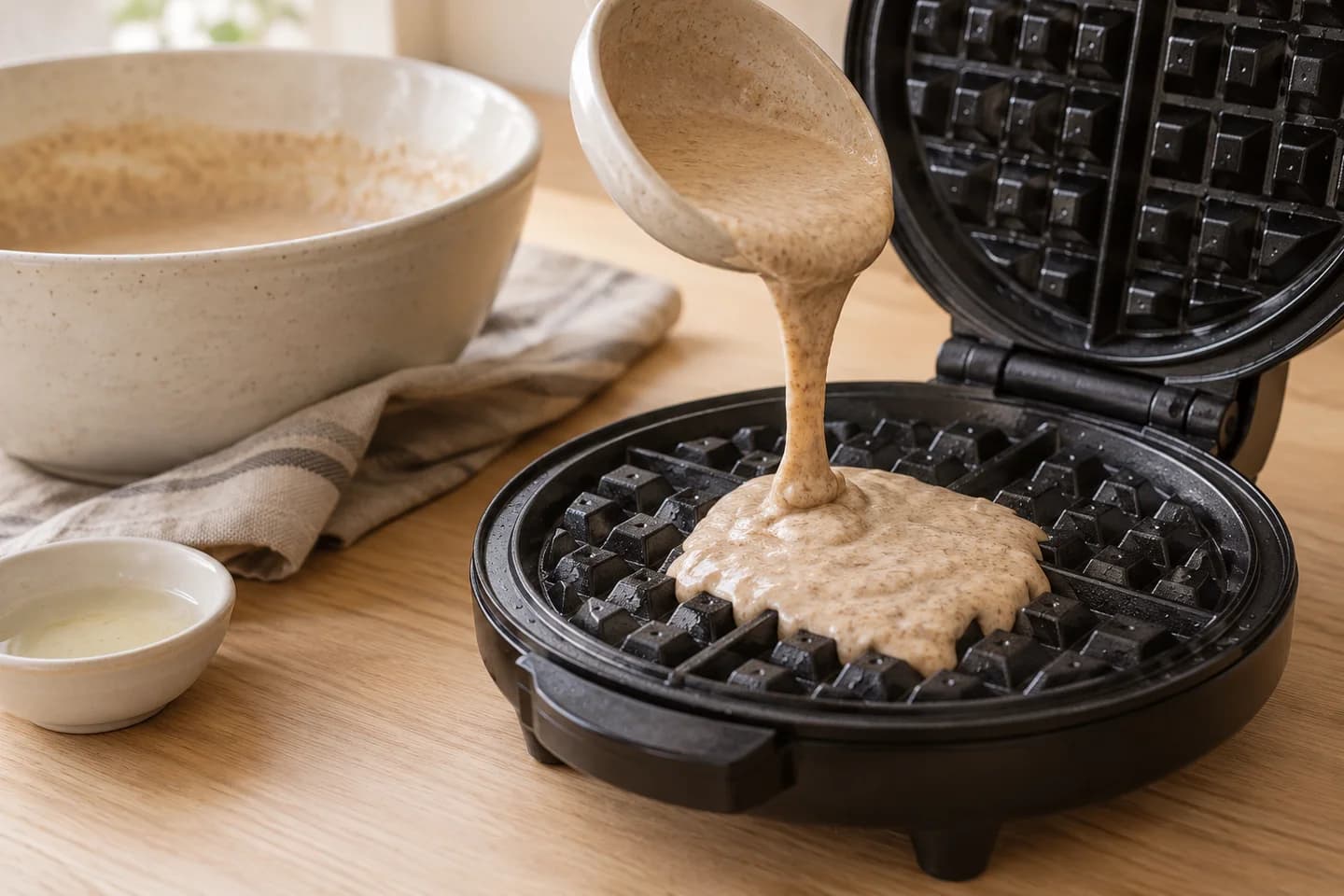 Banana Buckwheat Waffles: Lightly oil the waffle plates if required by the appliance