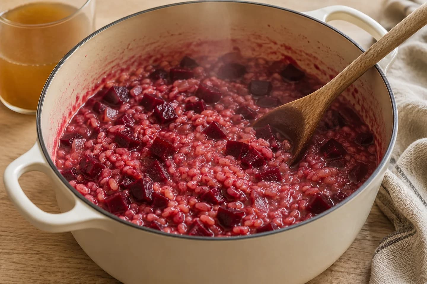 Beetroot Pearl Barley Risotto: Add beetroot and remaining stock as needed