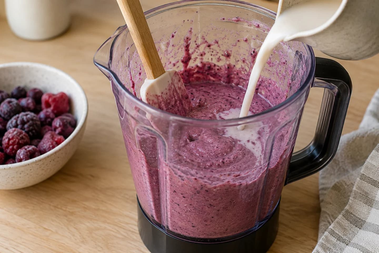 Berry Cottage Cheese Protein Smoothie Bowls: Stop and scrape as needed; add a splash more almond milk for a pourable consistency while keeping it thick enough to eat with a spoon