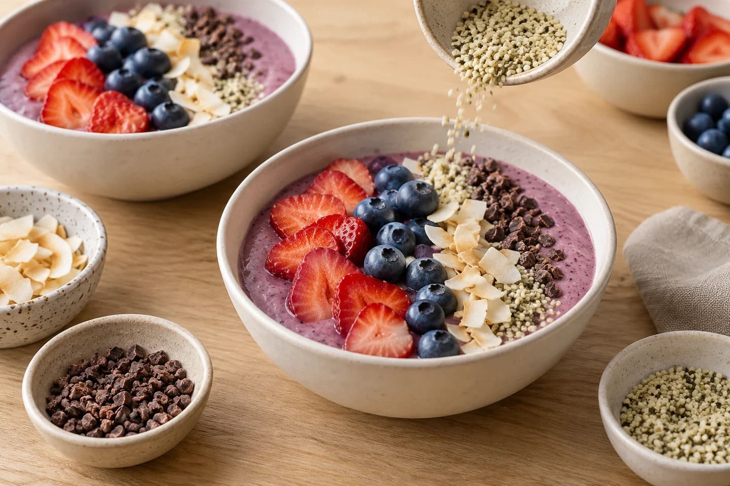Berry Cottage Cheese Protein Smoothie Bowls: Divide between two chilled bowls and top with strawberries, blueberries, coconut chips, cacao nibs, and extra hemp seeds