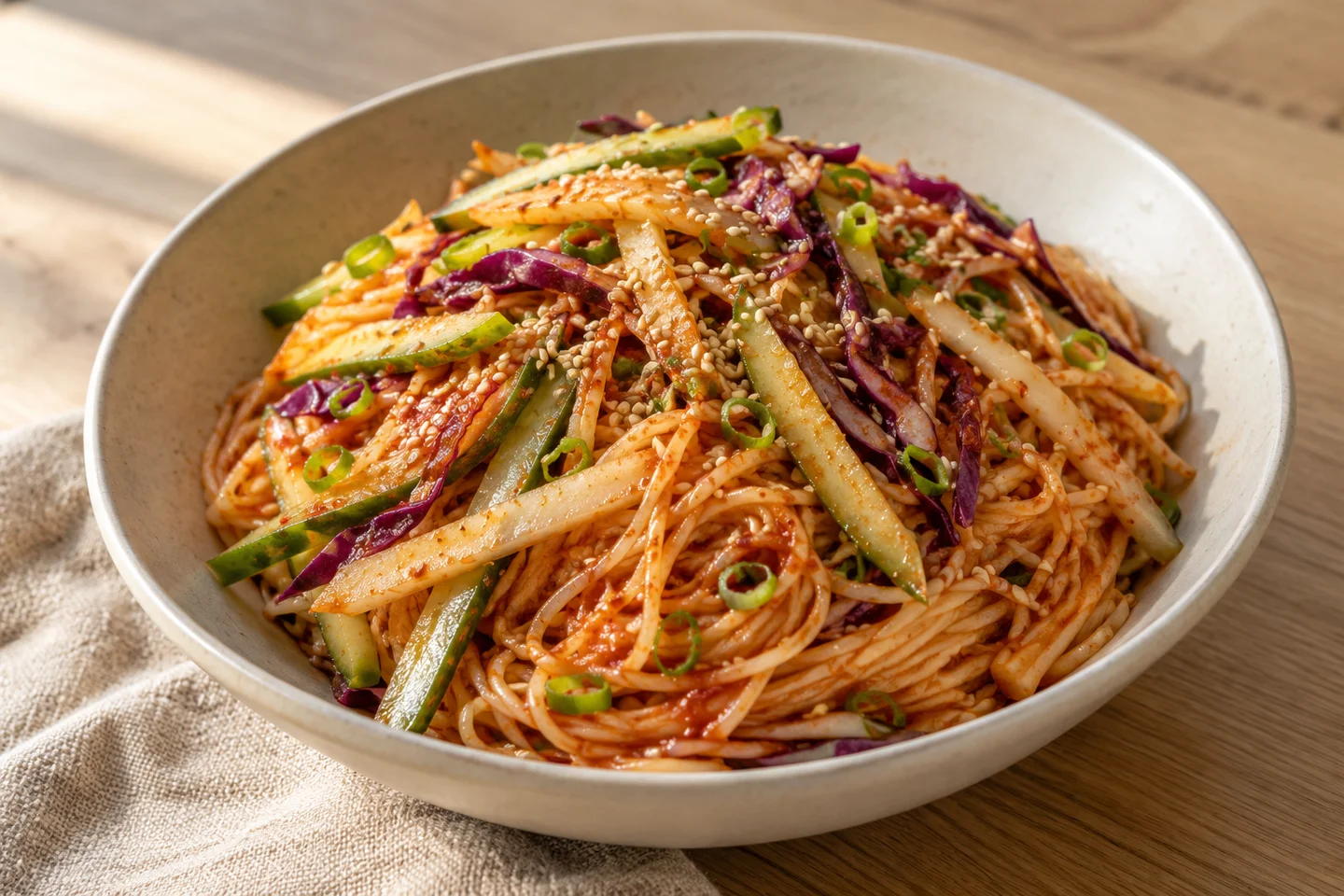 Spicy Korean noodle salad with cucumber and pear