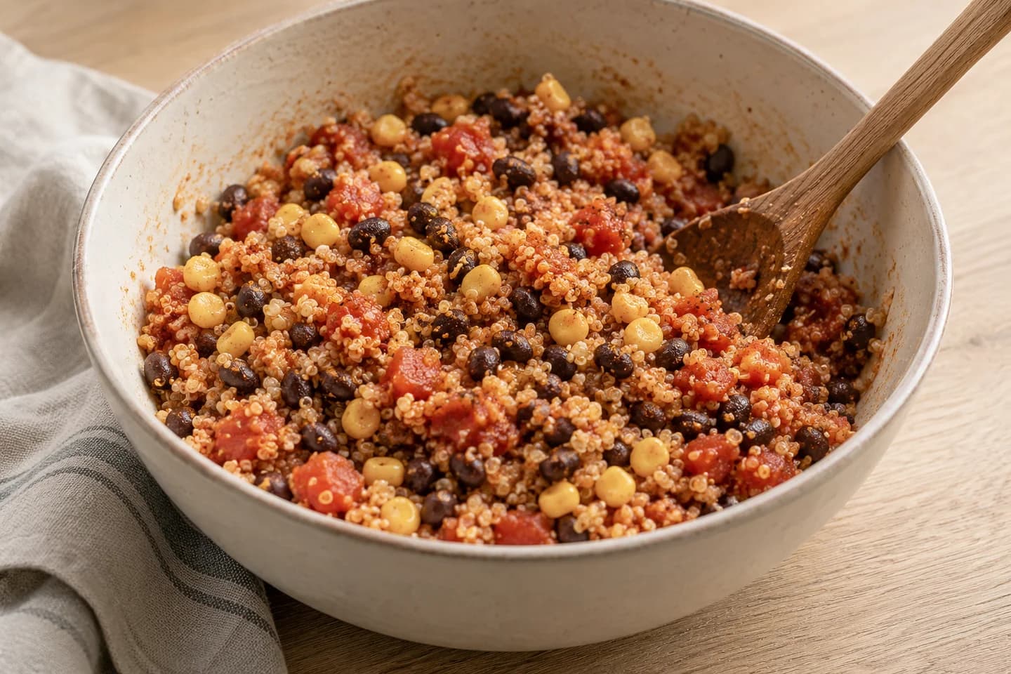 Black Bean Quinoa Stuffed Peppers: Mix quinoa, beans, tomatoes, sweetcorn, oil, cumin, paprika and salt