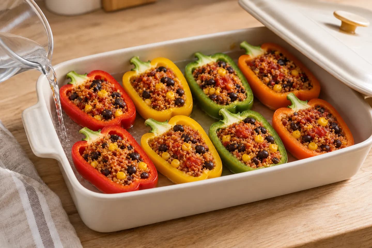 Black Bean Quinoa Stuffed Peppers: Place peppers cut-side up in a dish and fill generously