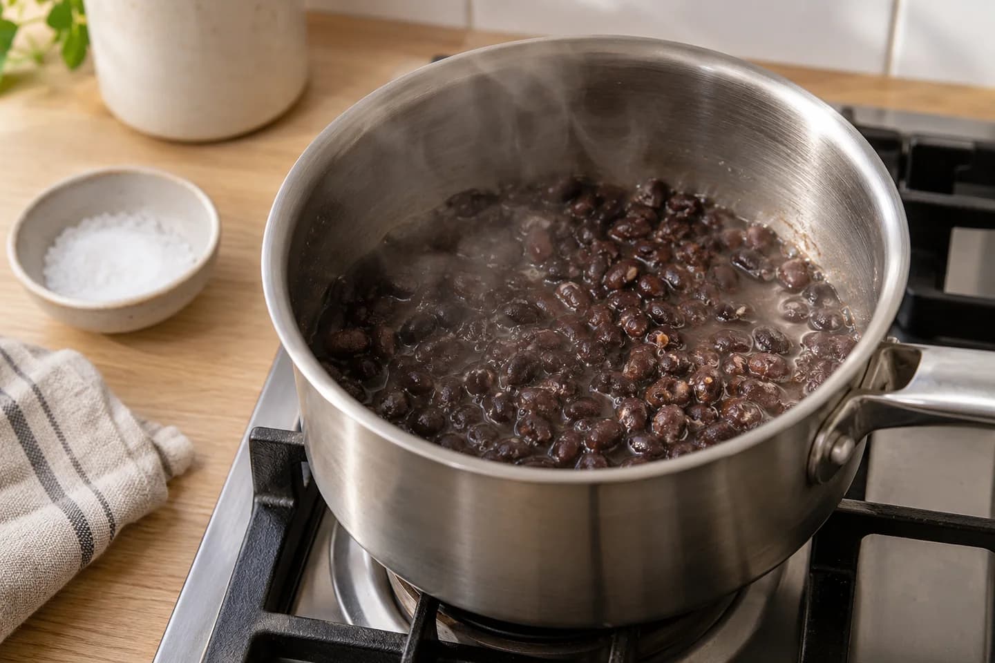 Black Bean Sweet Potato Tacos: Warm black beans in a saucepan with 50 ml water and remaining salt for 5 minutes