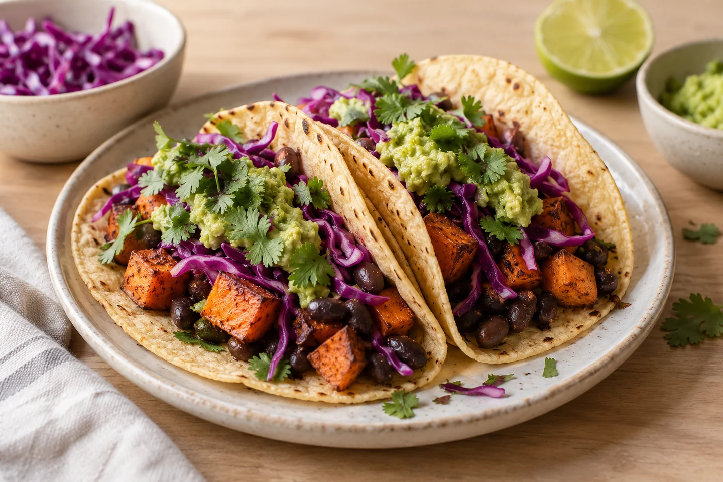 Black Bean Sweet Potato Tacos, ready to serve