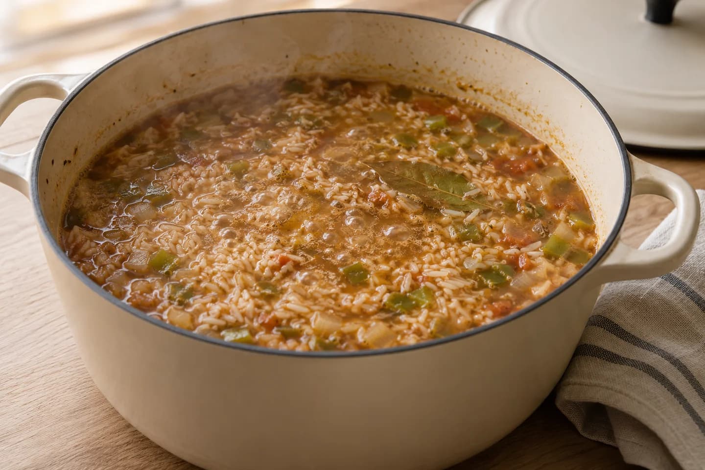 Lucky Black-Eyed Pea & Collard Hoppin’ John: Stir in the rinsed rice, then pour in the vegetable broth