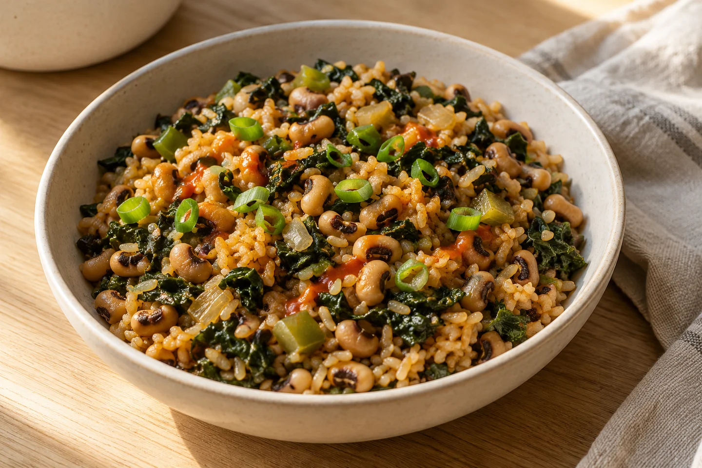Bowl of black-eyed peas and rice with collard greens and scallions