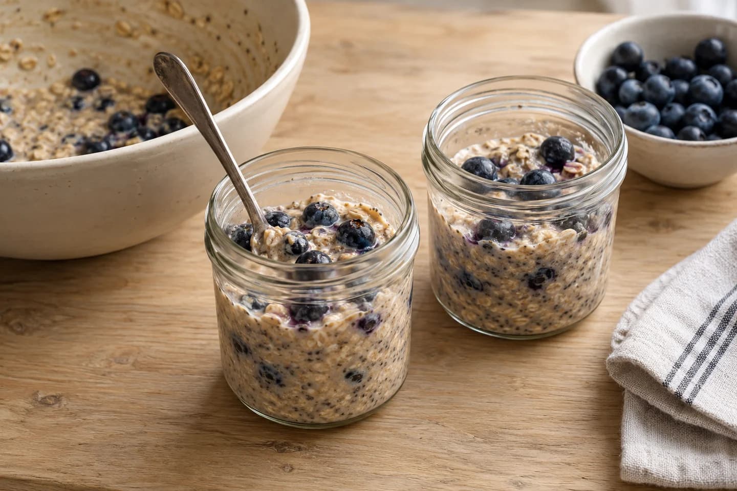 Blueberry Almond Overnight Oats: Divide between two jars and fold half the blueberries into each