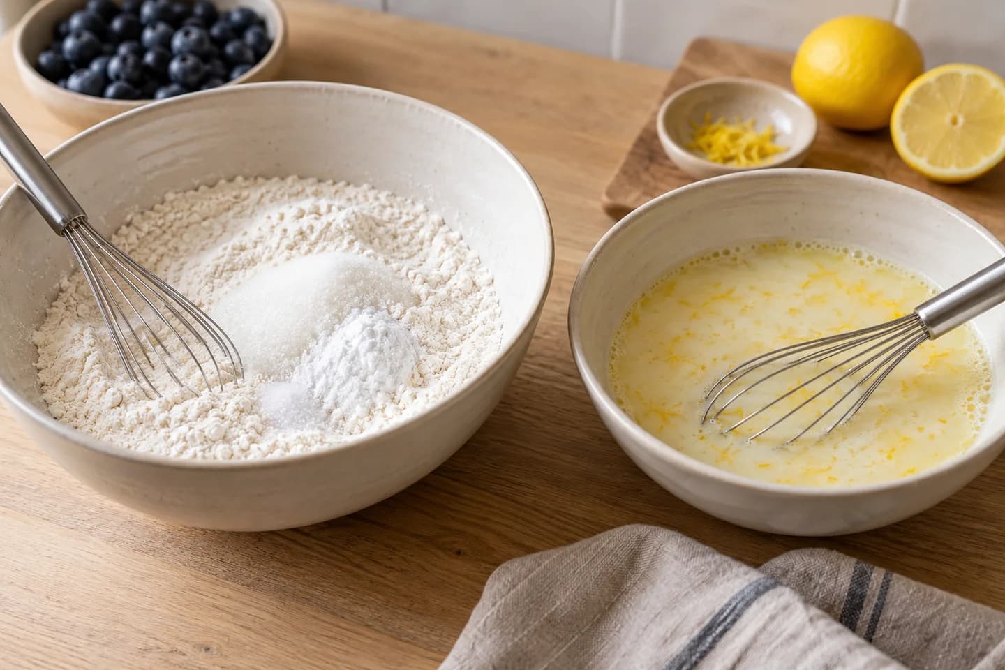 Blueberry Lemon Muffins: Mix flour, sugar, baking powder and salt