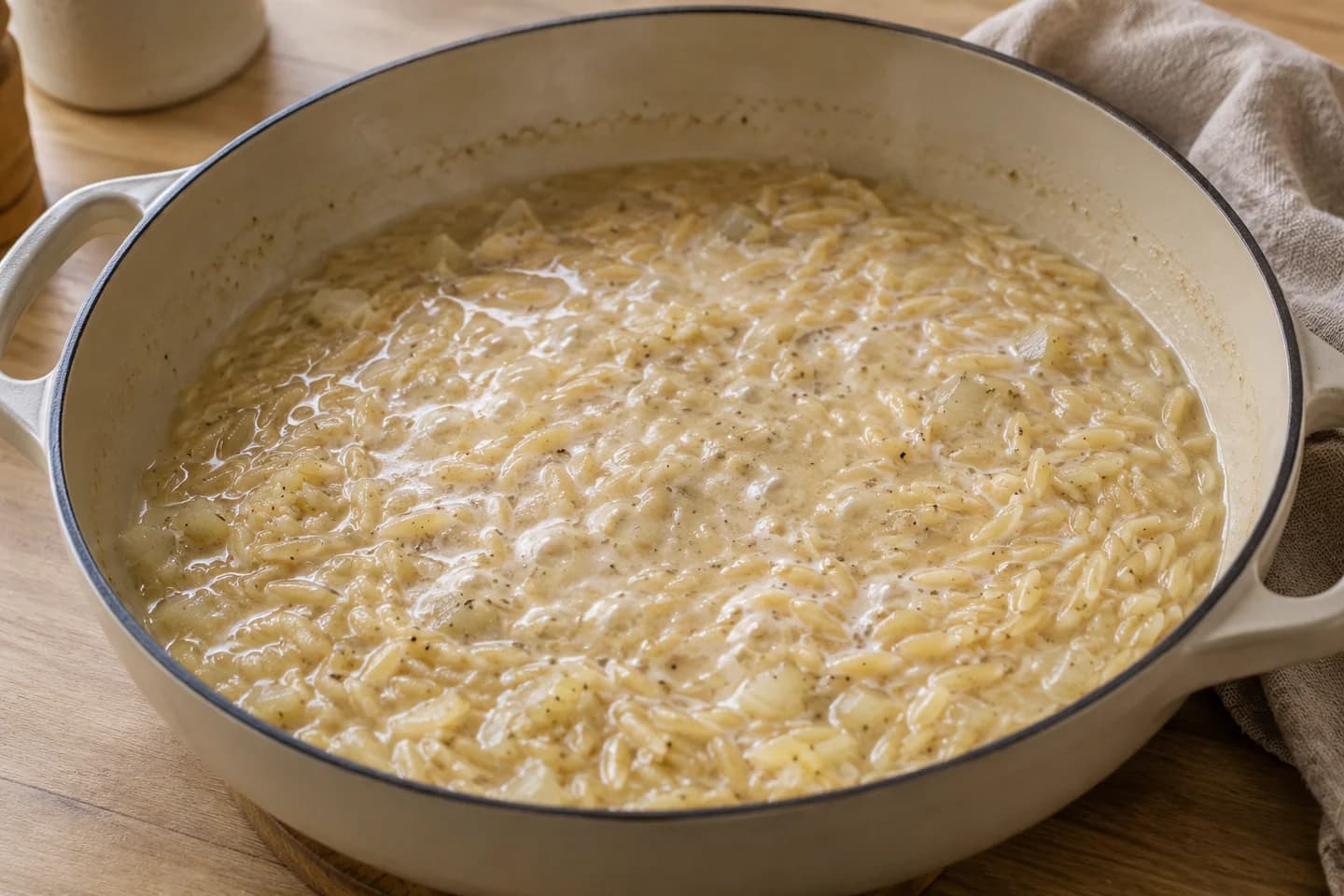 Broccoli Cheddar Orzo Casserole: Add the orzo, broth, milk, salt, pepper, and Dijon
