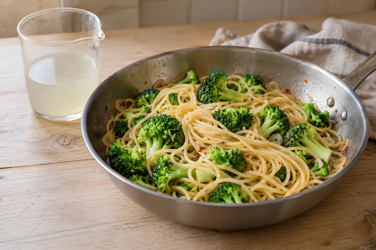 Broccoli Lemon Spaghetti: Reserve 200 ml pasta water, then drain spaghetti and broccoli and add to the skillet