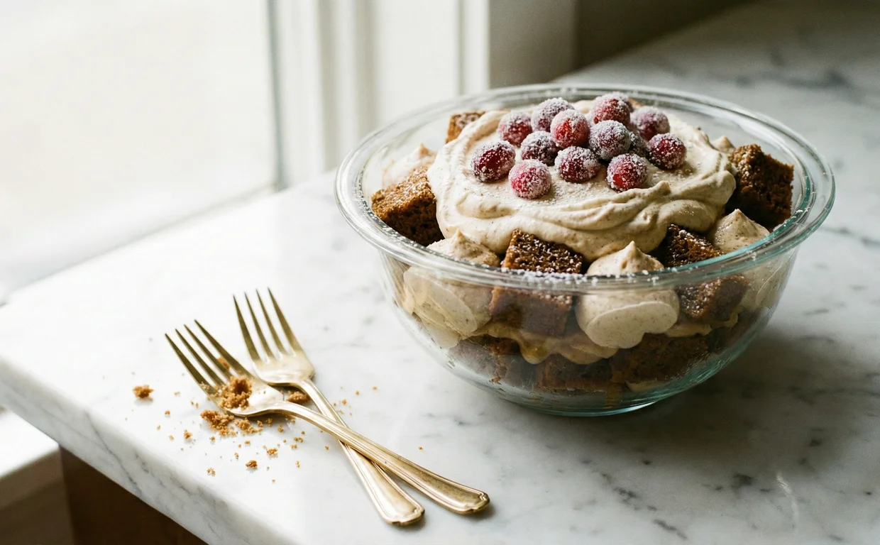 Glass trifle dish with gingerbread layers