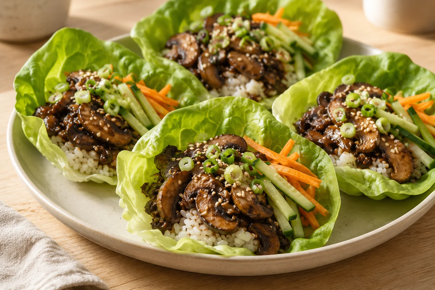 Lettuce cups filled with bulgogi mushrooms and rice