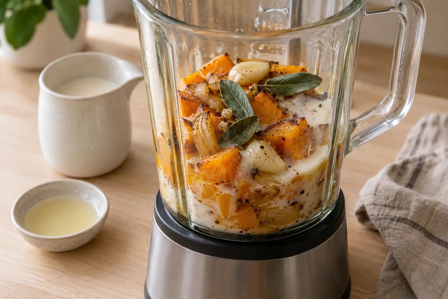 Butternut Sage Pasta: Blend roasted vegetables with oat milk, sage and lemon juice until smooth