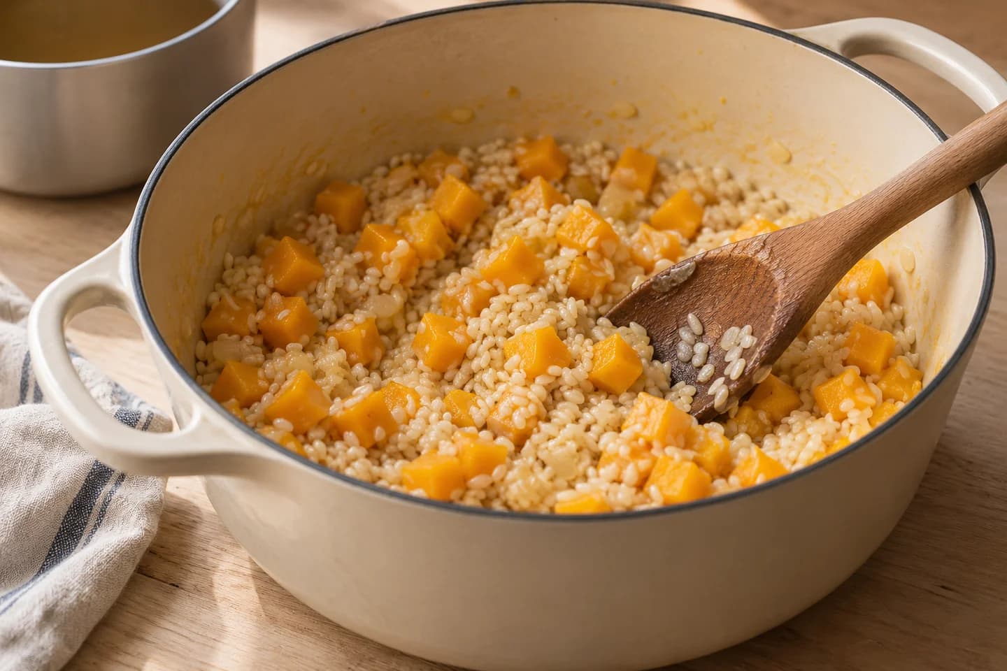 Butternut Squash Risotto: Stir in rice and squash, toasting for 2 minutes until the grains look pearly