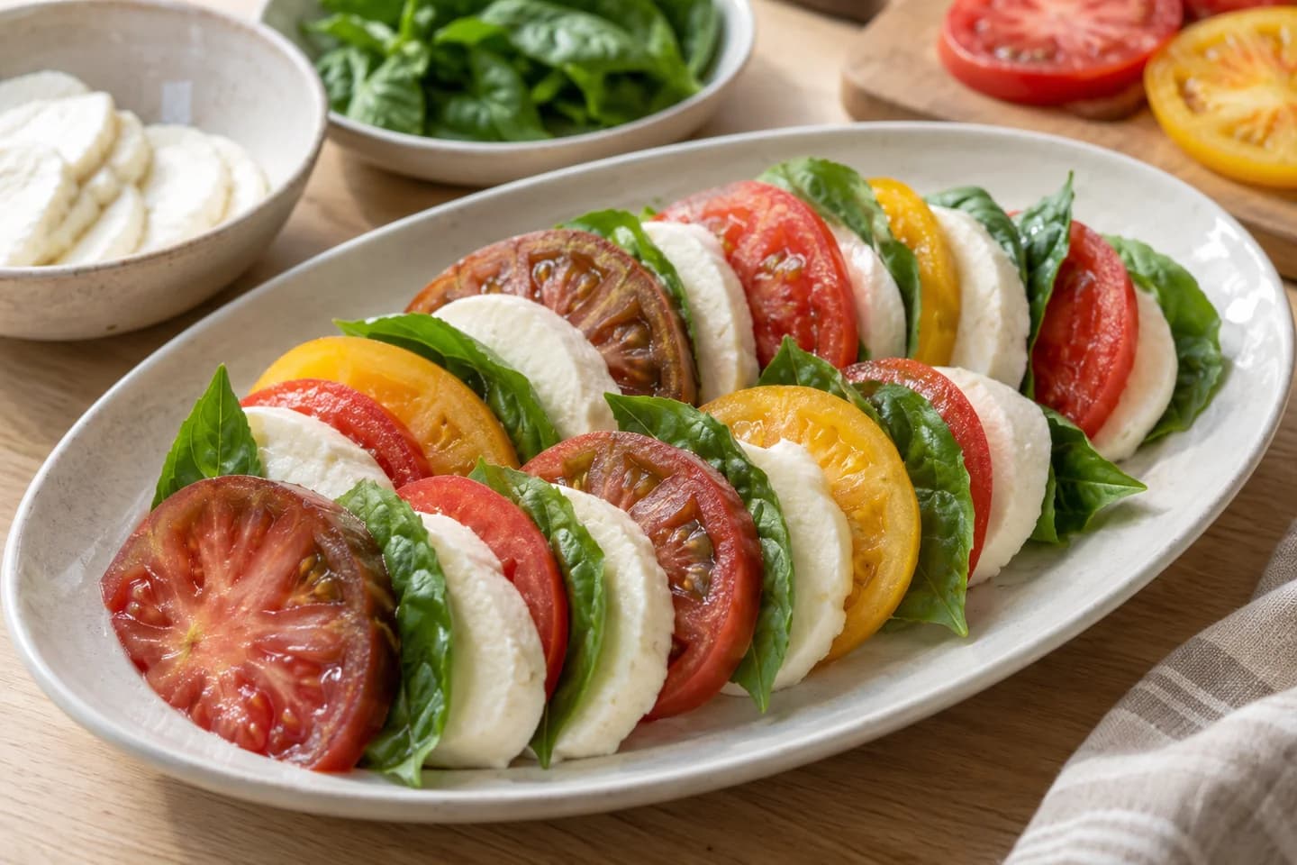 Heirloom Caprese Salad: Alternate slices of tomatoes and vegetarian mozzarella on a chilled platter, tucking basil leaves in between each layer