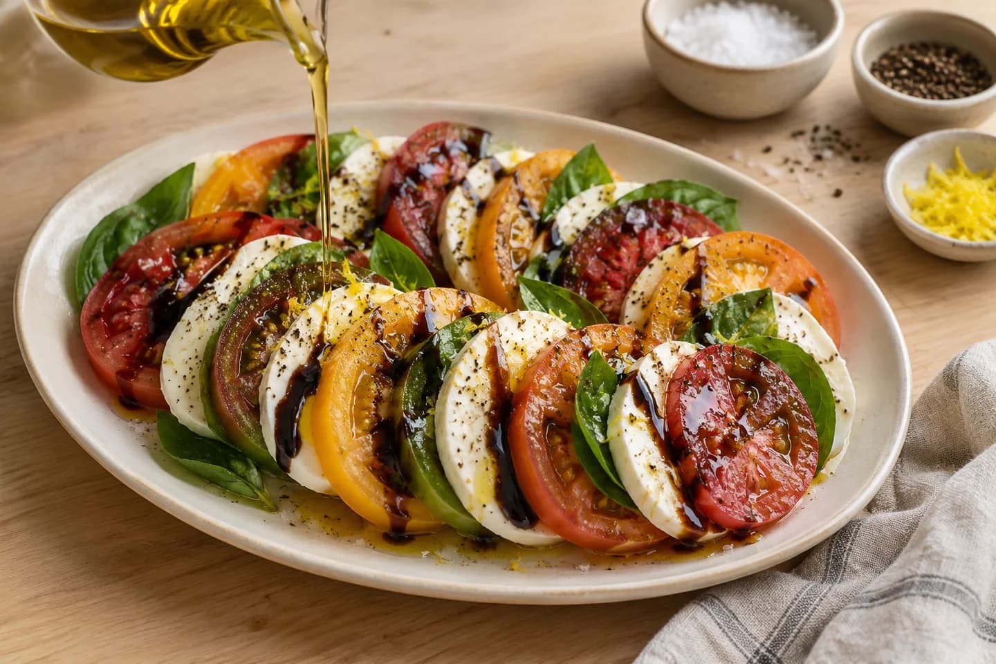 Heirloom Caprese Salad: Drizzle with olive oil and balsamic glaze, then season with flaky salt, pepper, and lemon zest if using