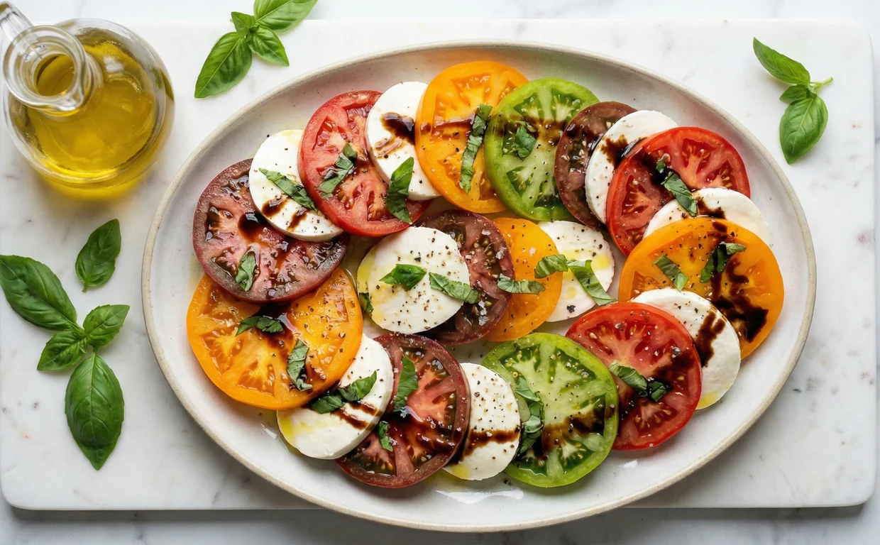 Platter of caprese salad with balsamic drizzle