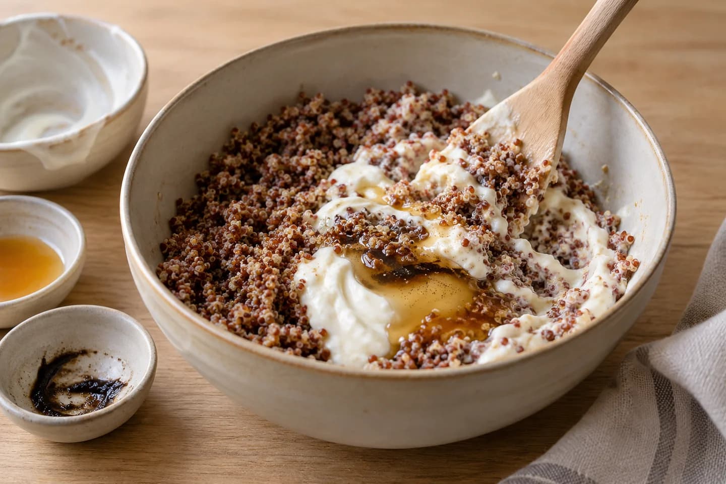 Cardamom Pistachio Overnight Quinoa Parfaits: Discard the cinnamon and cardamom, then fold yogurt, honey, and vanilla into the cooled quinoa until creamy