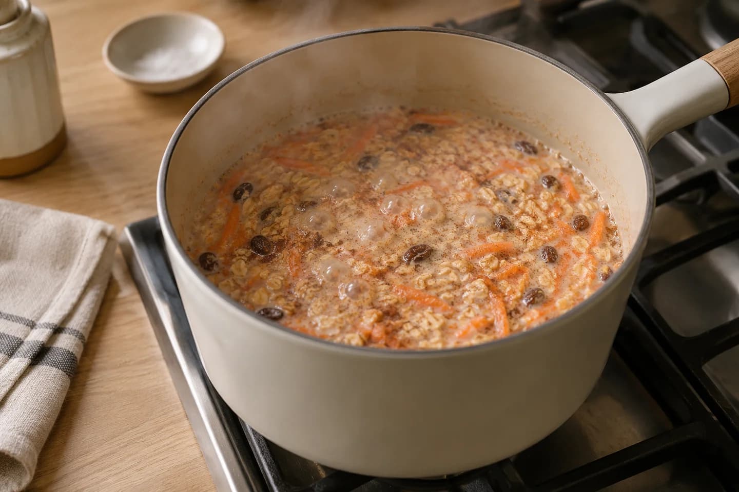 Carrot Cake Breakfast Porridge: Bring to a gentle simmer over medium heat, then reduce the heat