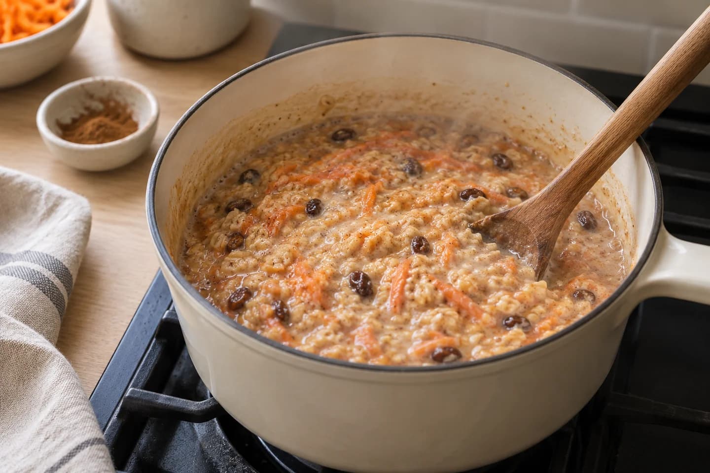 Carrot Cake Breakfast Porridge: Cook for 8–10 minutes, stirring often, until the oats and carrot are tender