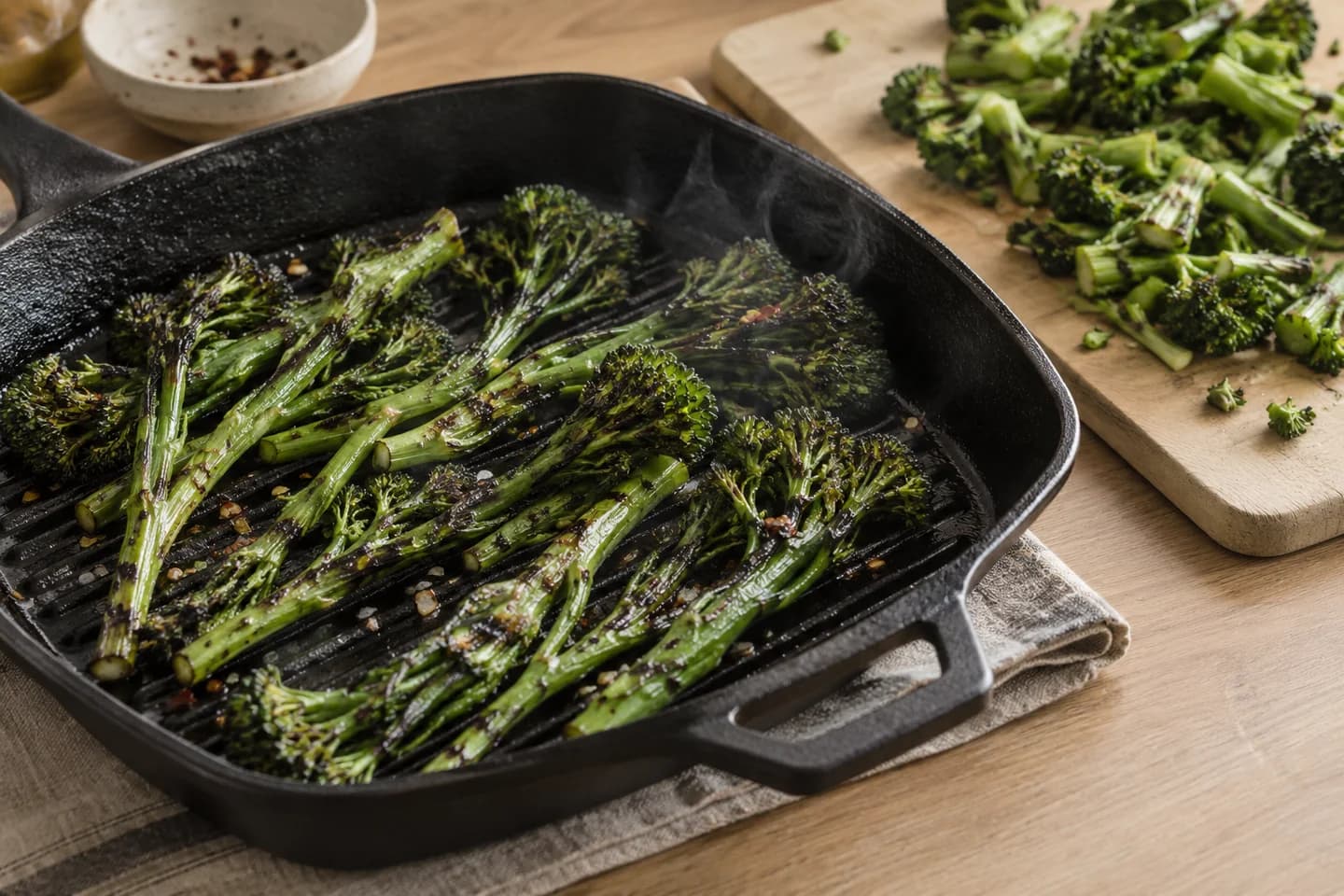 Charred Broccolini Burrata Crostini: Char broccolini for 3 to 4 minutes, turning once, until blistered but crisp-tender; chop into bite-size pieces