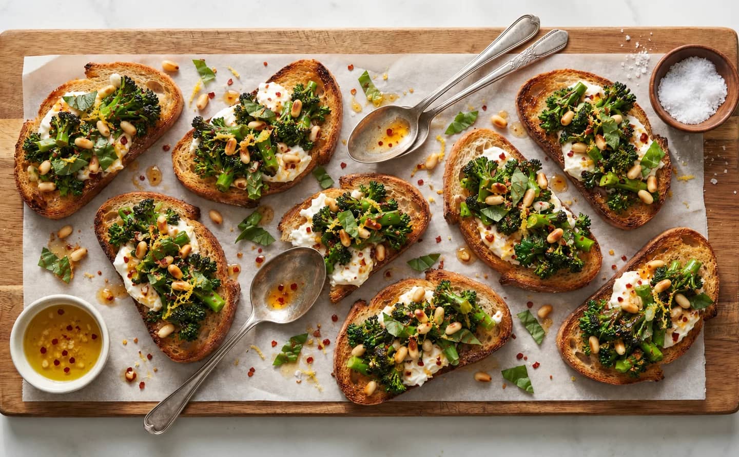 Charred Broccolini Burrata Crostini