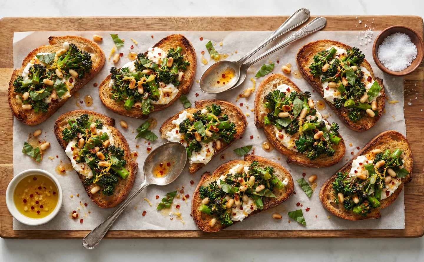 Crostini topped with broccolini and burrata