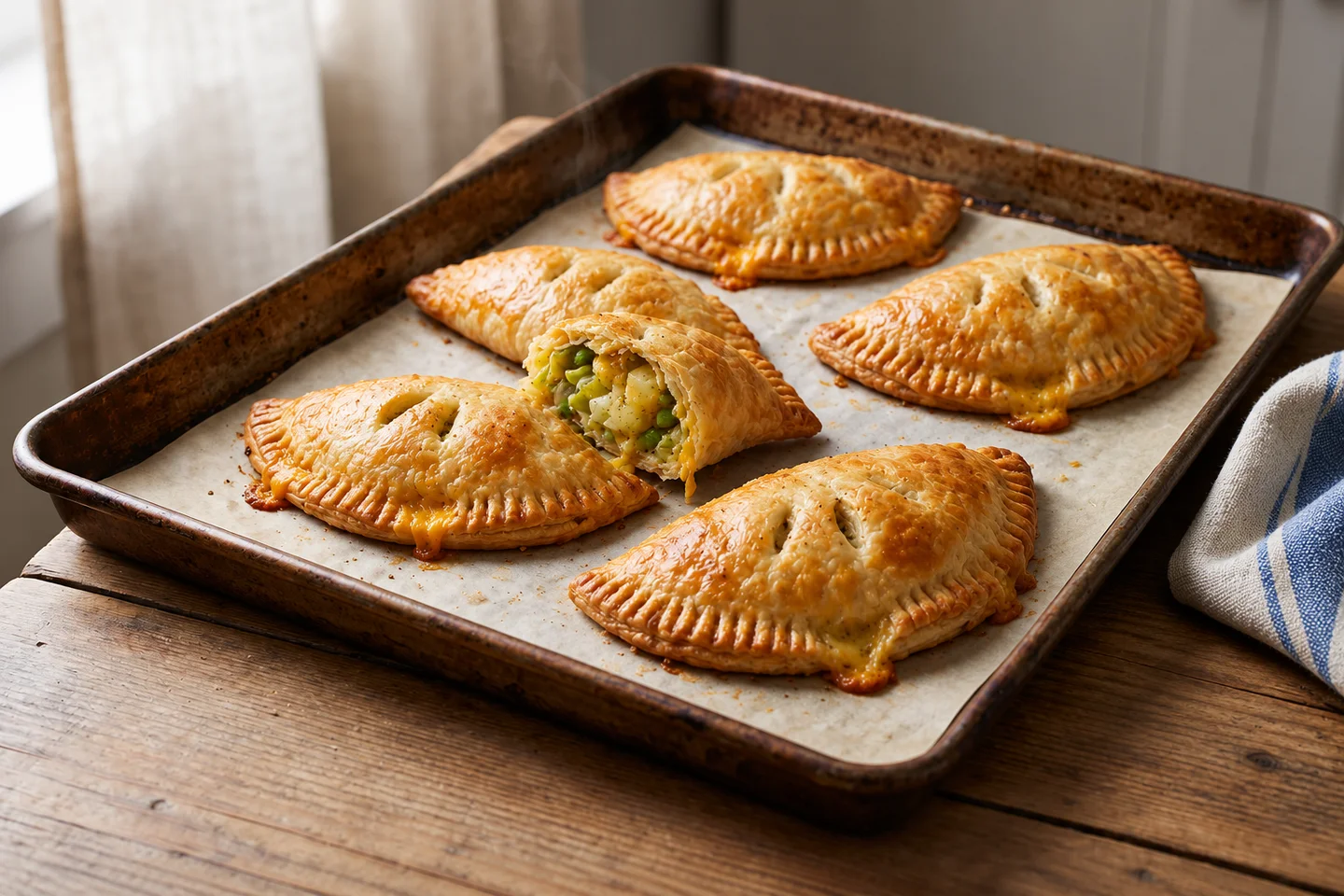 Golden cheddar and leek hand pies on a baking tray